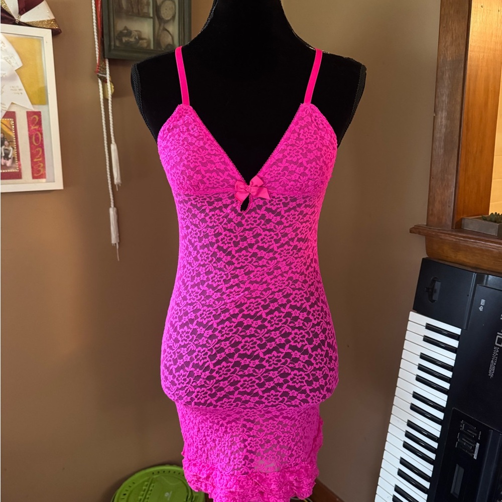 Victoria's Secret Hot Pink Lace Chemise